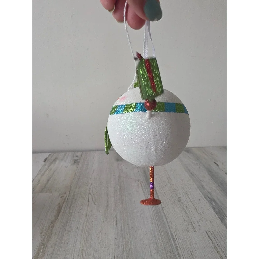 Vintage Pier 1 glitter snowman presents ornament top hat green Xmas